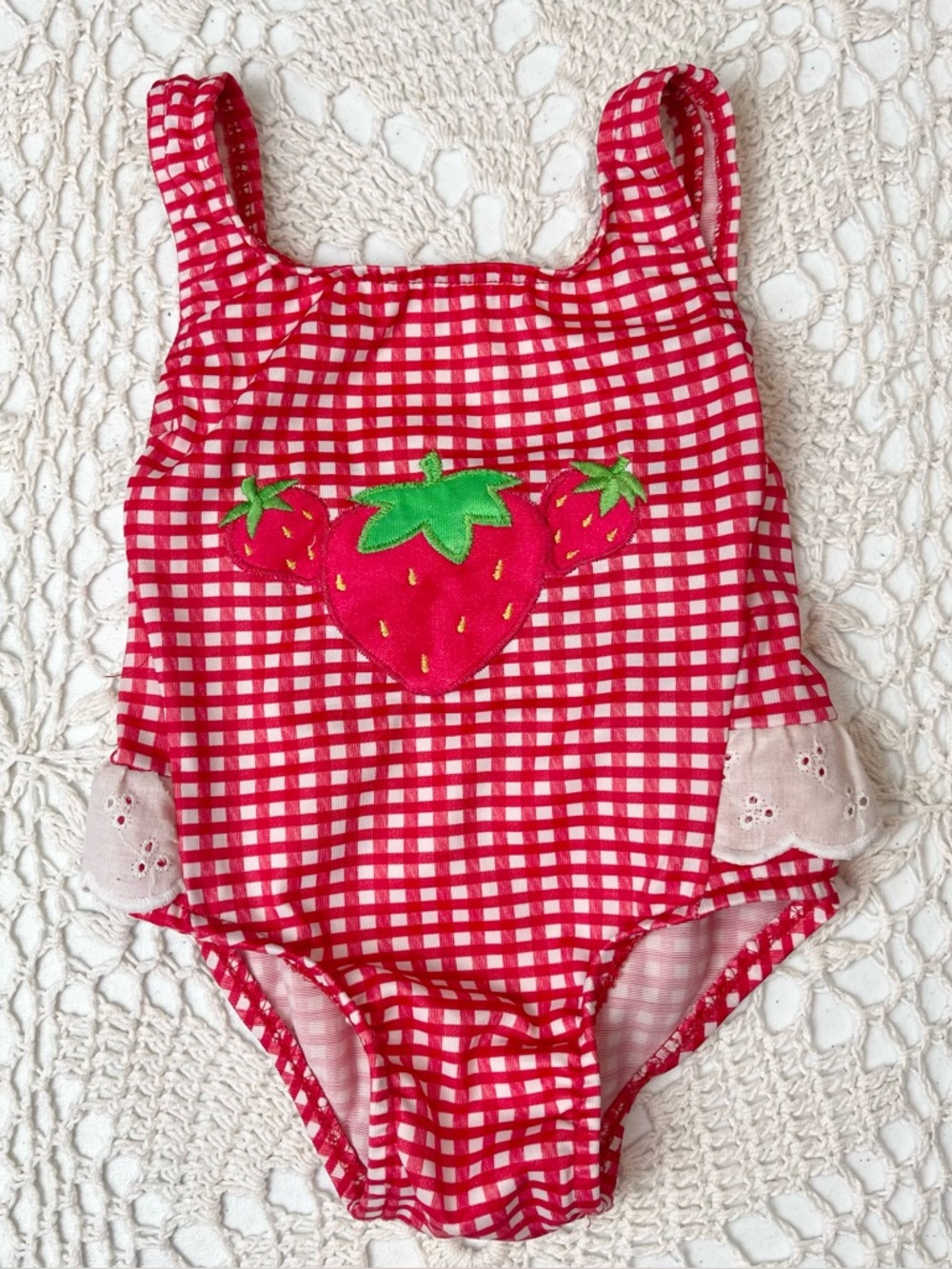 Vintage 1990s Class Club Baby Girl 12 Months Red Gingham Strawberry Swimsuit